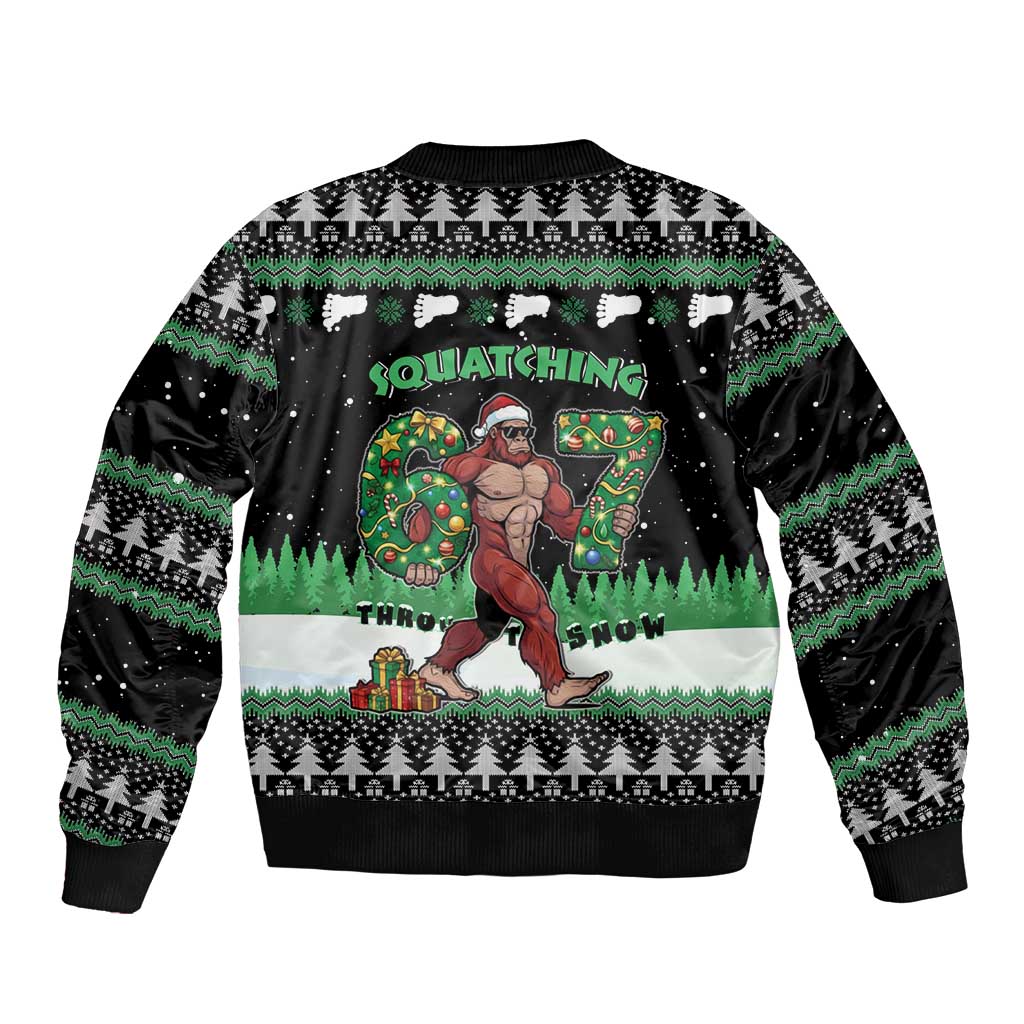 Funny Bigfoot 67 Six Seven Christmas Bomber Jacket Squatching Through The Snow - Wonder Print Shop
