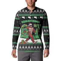 Funny Bigfoot 67 Six Seven Christmas Button Sweatshirt Squatching Through The Snow - Wonder Print Shop