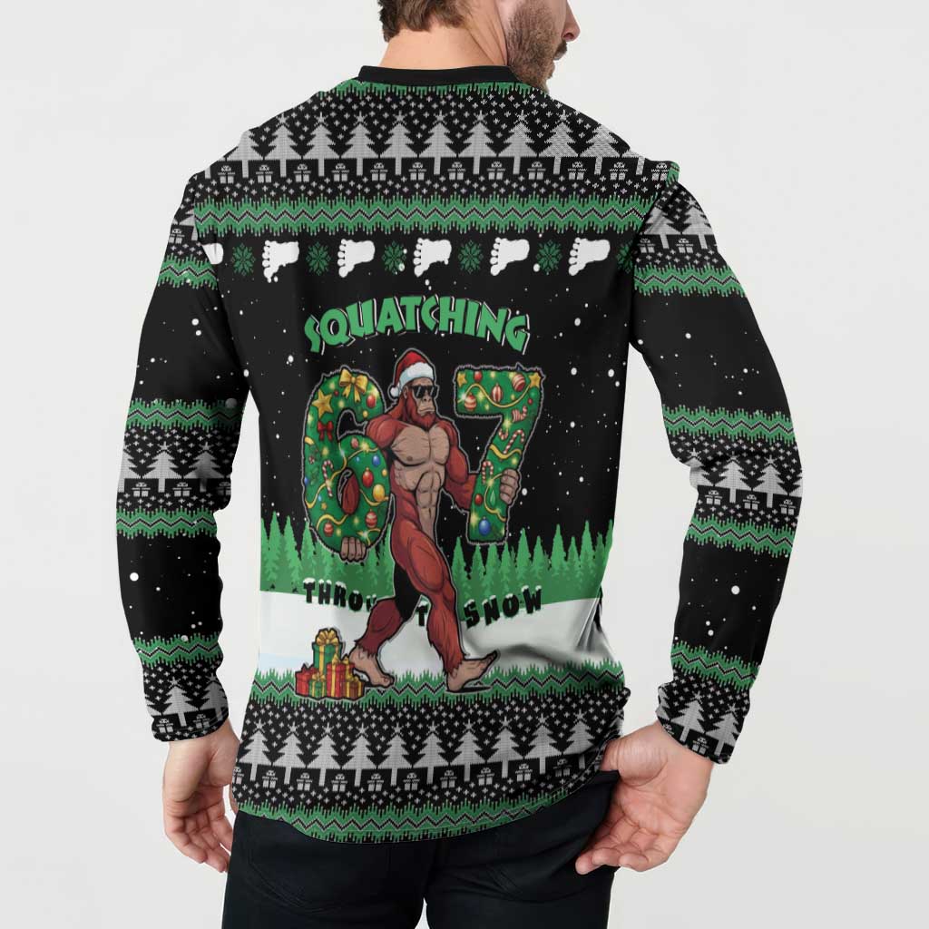 Funny Bigfoot 67 Six Seven Christmas Button Sweatshirt Squatching Through The Snow - Wonder Print Shop