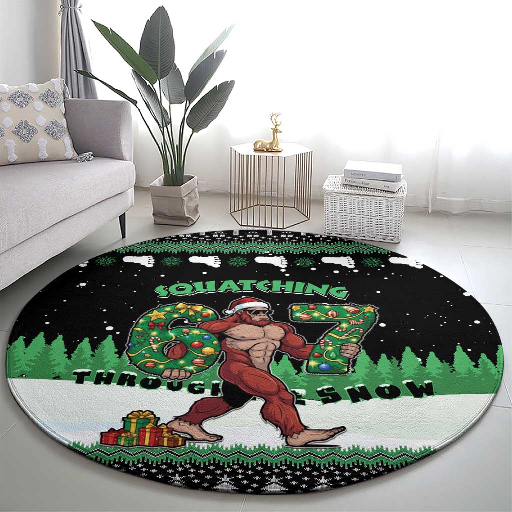 Funny Bigfoot 67 Six Seven Christmas Round Carpet Squatching Through The Snow - Wonder Print Shop