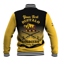 Black and yellow back varsity jacket, striped hem and collar, Buffalo graphic with Your Text