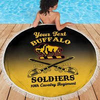 Round beach blanket with Buffalo Soldiers emblem and “10th Cavalry Regiment” text, fringe edge
