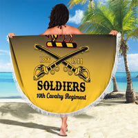 Round beach blanket with Buffalo Soldiers print, white fringe border, held outdoors on sand