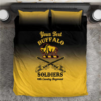Personalized bedding set close-up: yellow-and-black duvet with “Your Text” Buffalo Soldiers print