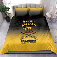 Personalized bedding set with yellow-and-black duvet and matching pillows, Buffalo Soldiers graphic