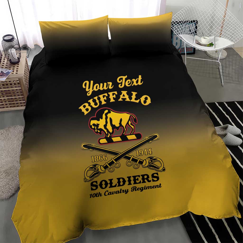Personalized bedding set with yellow-and-black duvet and Buffalo Soldiers graphic, “Your Text”