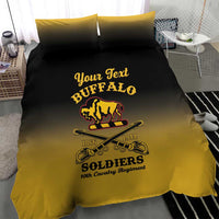 Personalized bedding set with yellow-and-black duvet and Buffalo Soldiers graphic, “Your Text”