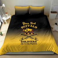 Personalized bedding set on bed: yellow-and-black duvet with “Your Text” Buffalo Soldiers print