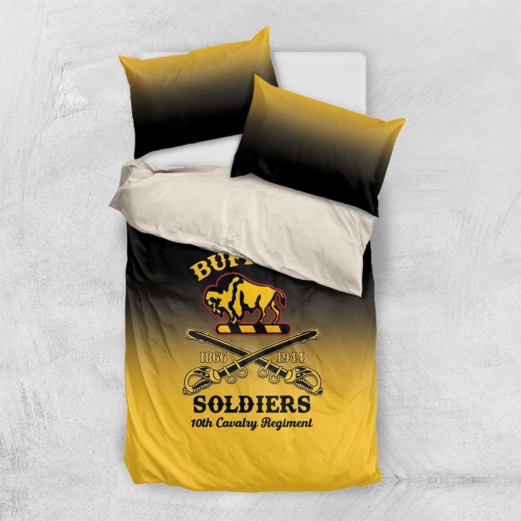 Personalized bedding set with yellow-and-black duvet and matching dark pillows, Buffalo Soldiers logo