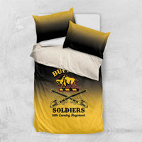 Personalized bedding set with yellow-and-black duvet and matching dark pillows, Buffalo Soldiers logo