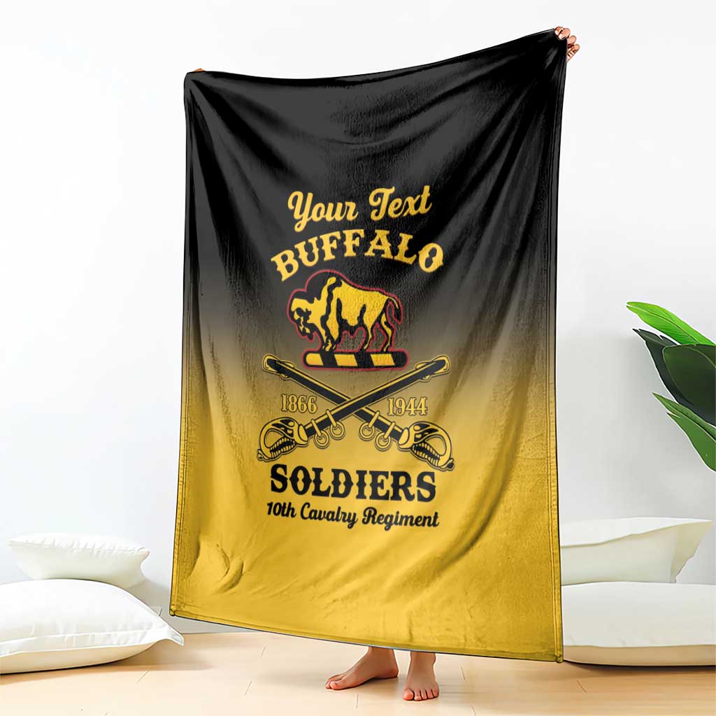 Personalized buffalo soldiers blanket held up, black-to-yellow gradient with buffalo and soldiers emblem