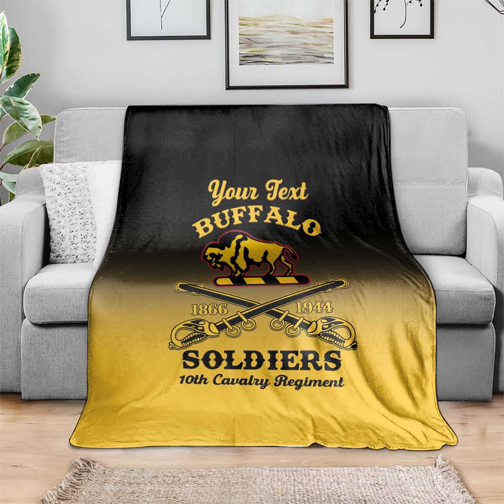 Personalized buffalo soldiers blanket draped on sofa, black-to-yellow gradient with cavalry badge