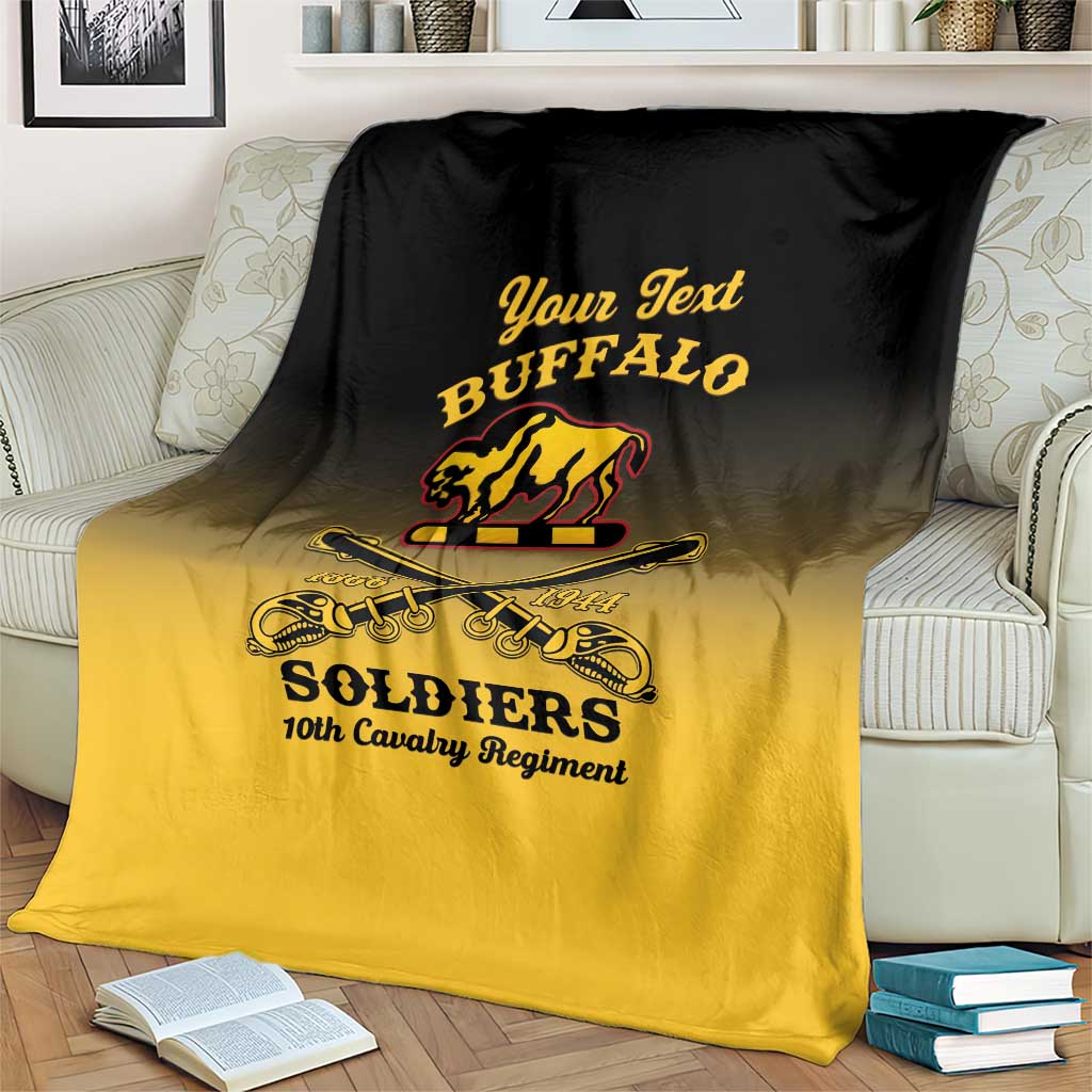 Personalized buffalo soldiers blanket on bed, black-to-yellow gradient with buffalo and soldiers lettering
