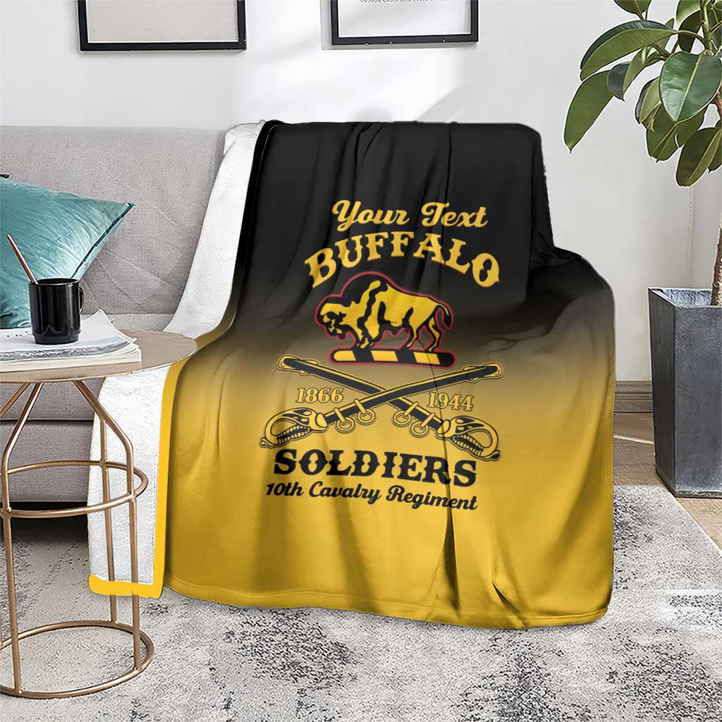 Personalized buffalo soldiers blanket on chair, black-to-yellow gradient with 1866 and 1944 emblems