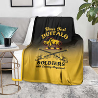 Personalized buffalo soldiers blanket on chair, black-to-yellow gradient with 1866 and 1944 emblems