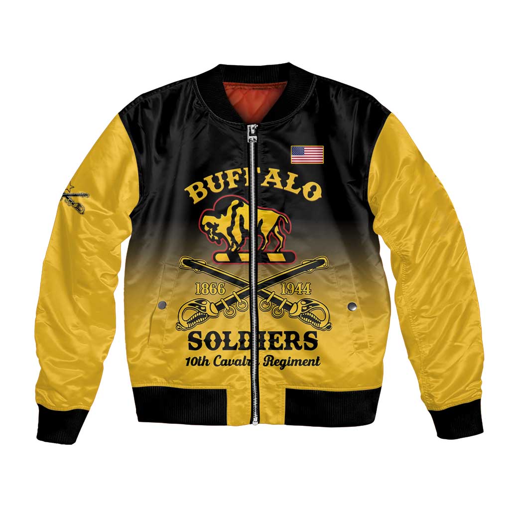 Black and yellow bomber jacket, front zip, embroidered Buffalo Soldiers patch graphic