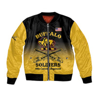 Black and yellow bomber jacket, front zip, embroidered Buffalo Soldiers patch graphic