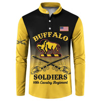 Yellow and black button sweatshirt with Buffalo Soldiers crest, US flag, 10th Cavalry text.