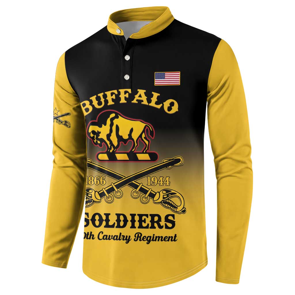 Yellow and black button sweatshirt, Buffalo crest centered with US flag at chest.
