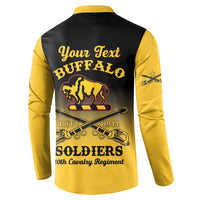 Back of yellow and black button sweatshirt with 'Your Text' and Buffalo Soldiers graphic.