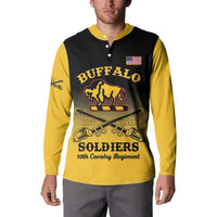 Yellow and black button sweatshirt with Buffalo Soldiers graphic, US flag patch, long sleeves.