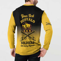 Back view of yellow and black button sweatshirt with 'Your Text' and Buffalo Soldiers crest.