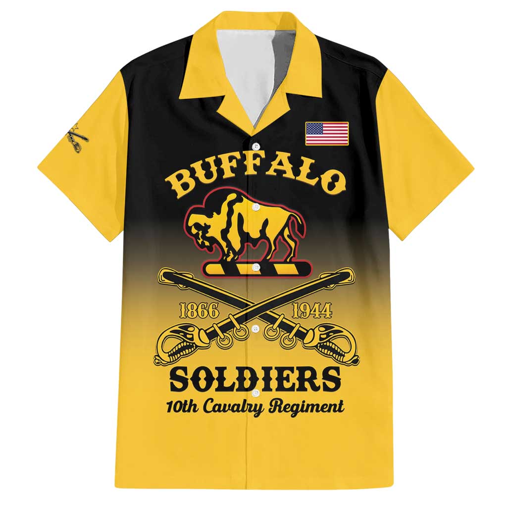 Yellow and black Hawaiian shirt with Buffalo Soldiers emblem, 10th Cavalry Regiment, US flag