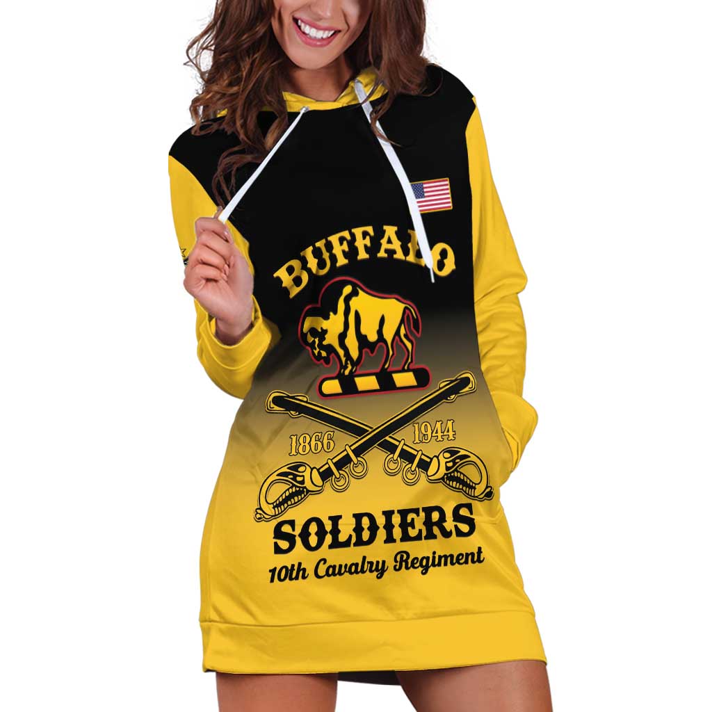 Yellow hoodie dress with black hood and large Buffalo Soldiers graphic, long sleeves