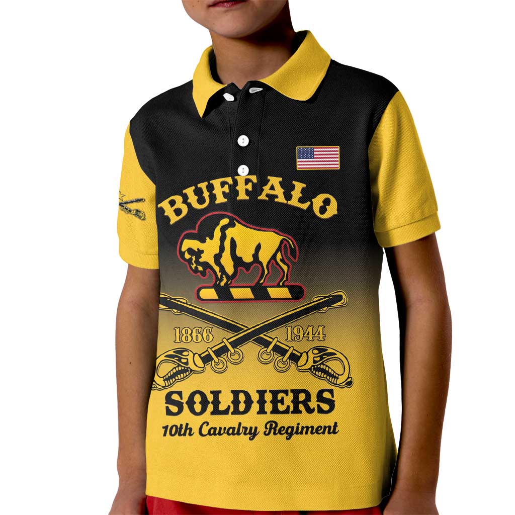 Kids yellow and black polo shirt with Buffalo Soldiers graphic and U.S. flag patch