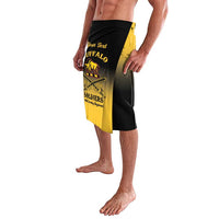 Personalized lavalava with buffalo soldiers print, black & yellow wrap skirt side view