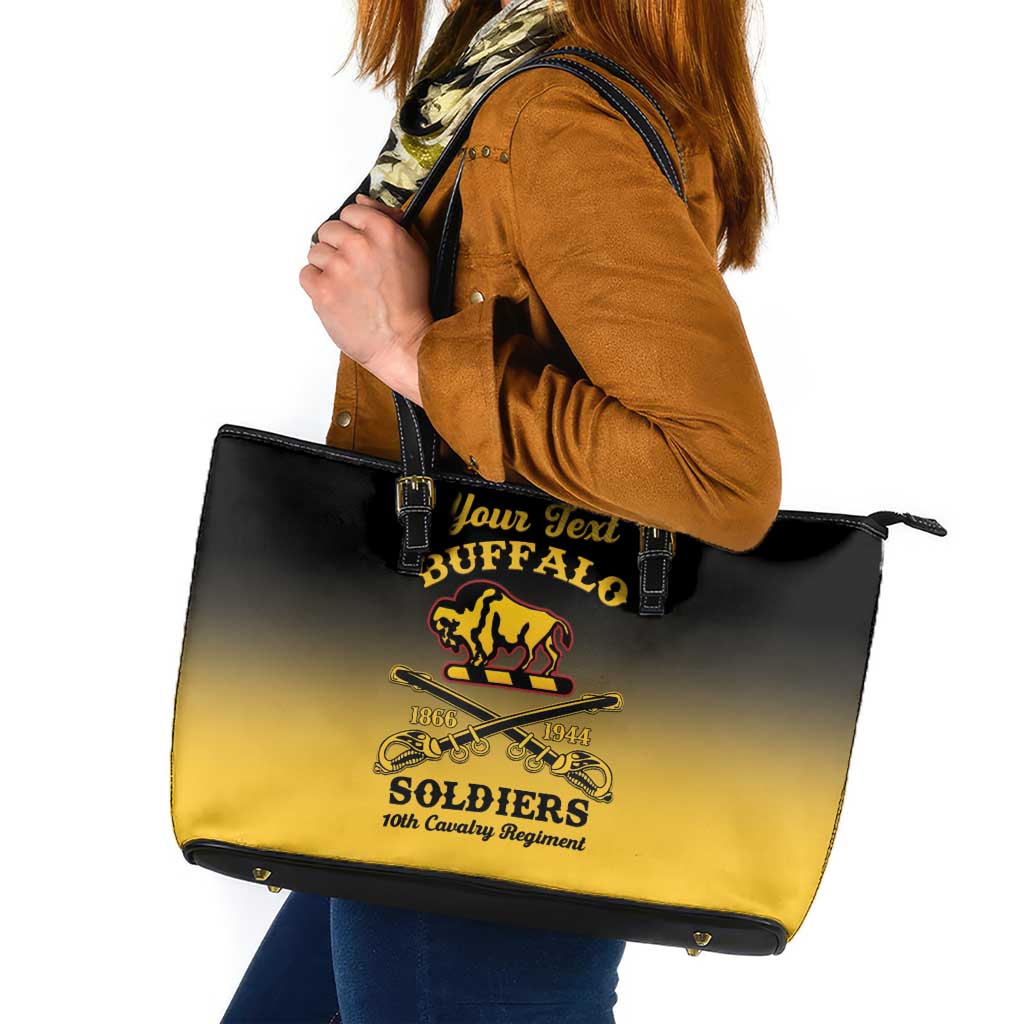 Personalized leather tote bag in black and gold gradient, 'Your Text' buffalo emblem