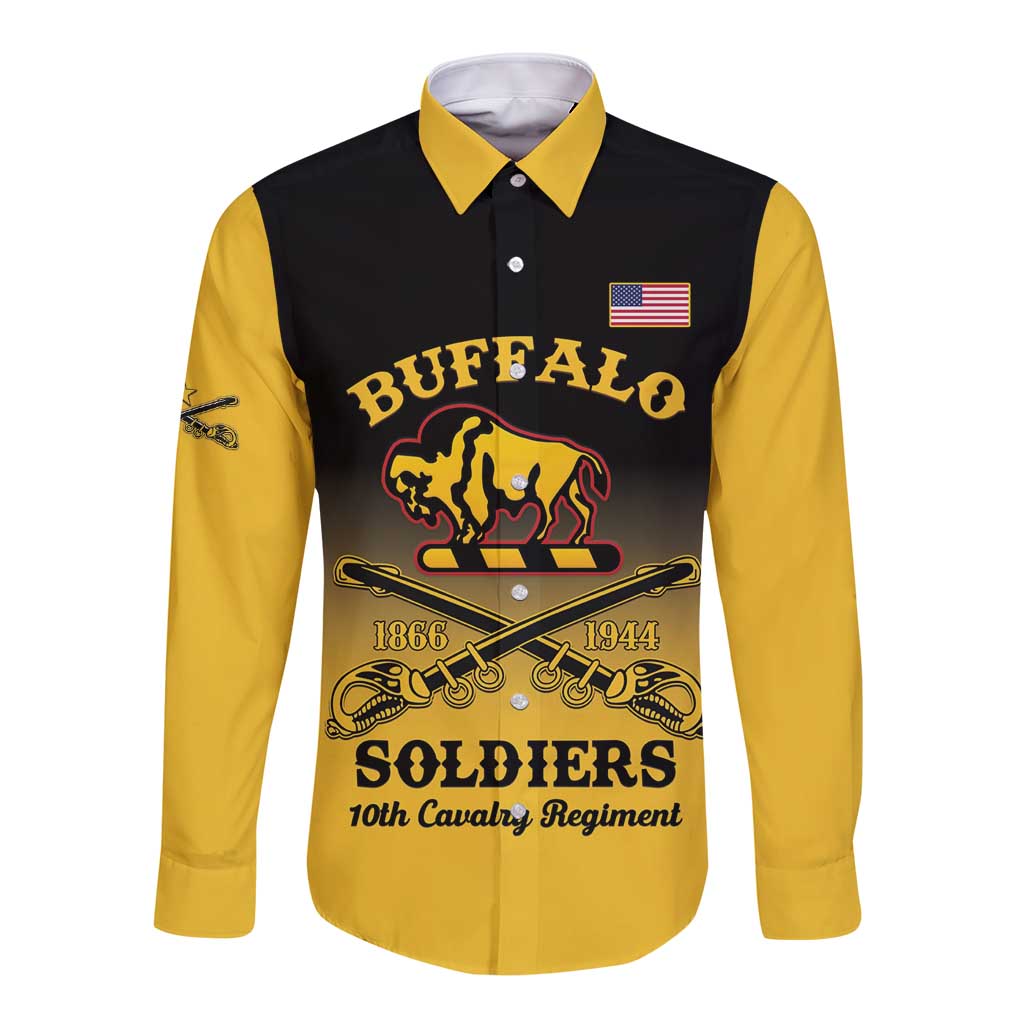 Unisex long-sleeve button shirt with black front, yellow sleeves and Buffalo logo print
