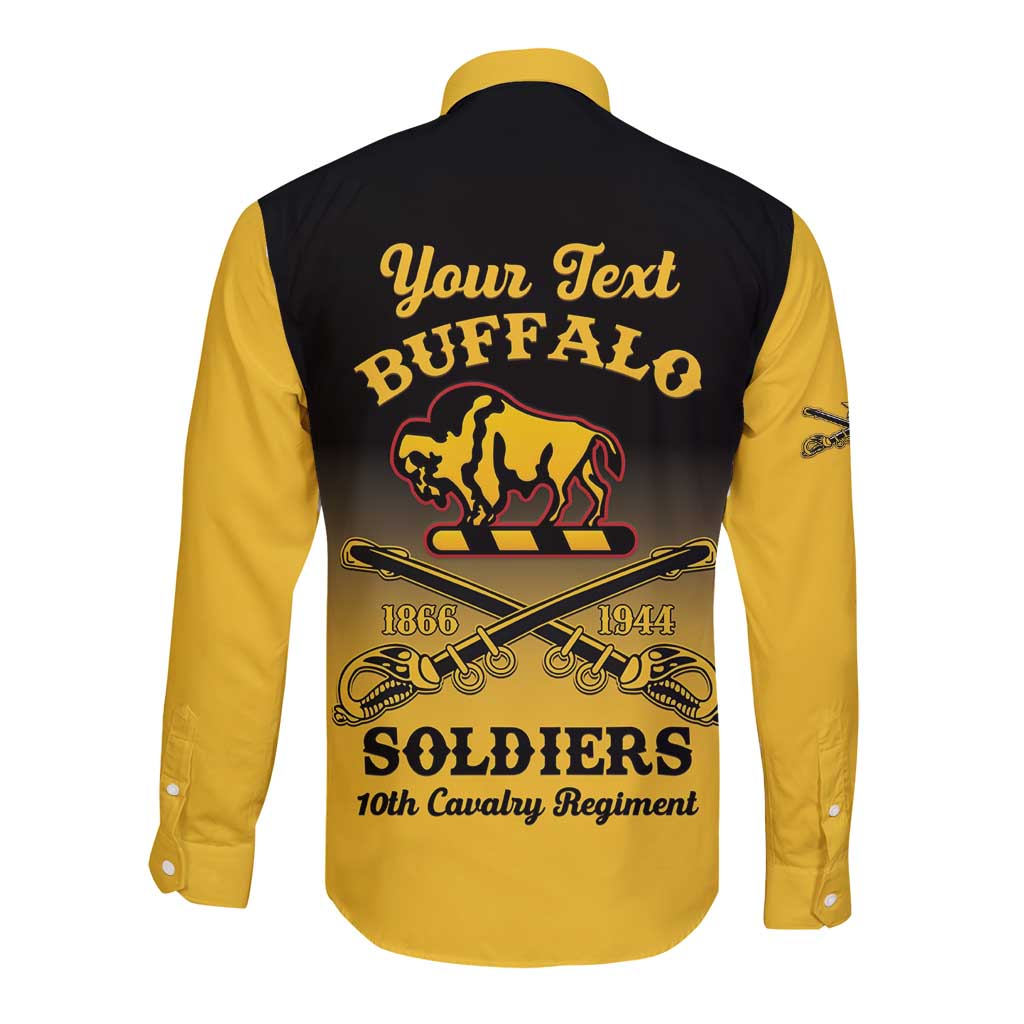 Unisex long-sleeve button shirt, black back with yellow text and Buffalo soldiers graphic