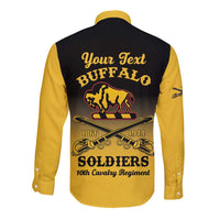 Unisex long-sleeve button shirt, black back with yellow text and Buffalo soldiers graphic