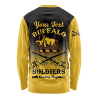 Personalized long-sleeve shirt with back graphic text; black body, yellow sleeves, round collar