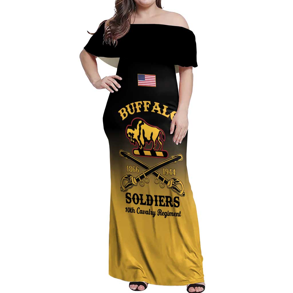 Women’s off-shoulder maxi dress in black and yellow with Buffalo Soldiers graphic and flag