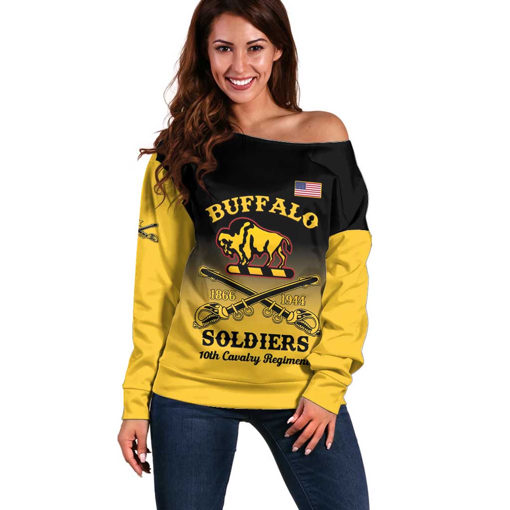 Women’s off-shoulder sweater, yellow and black with Buffalo Soldiers front graphic