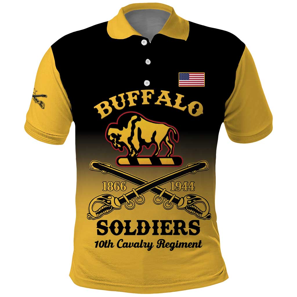 Yellow polo shirt with black chest panel, button collar, Buffalo Soldiers emblem and flag