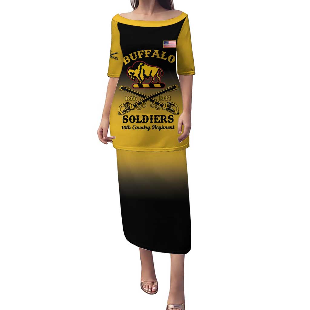 Personalized yellow off-shoulder long dress with Buffalo Soldiers graphic and black skirt