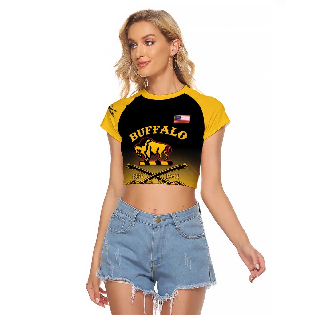 Yellow raglan cropped T-shirt with black neckline and front buffalo graphic