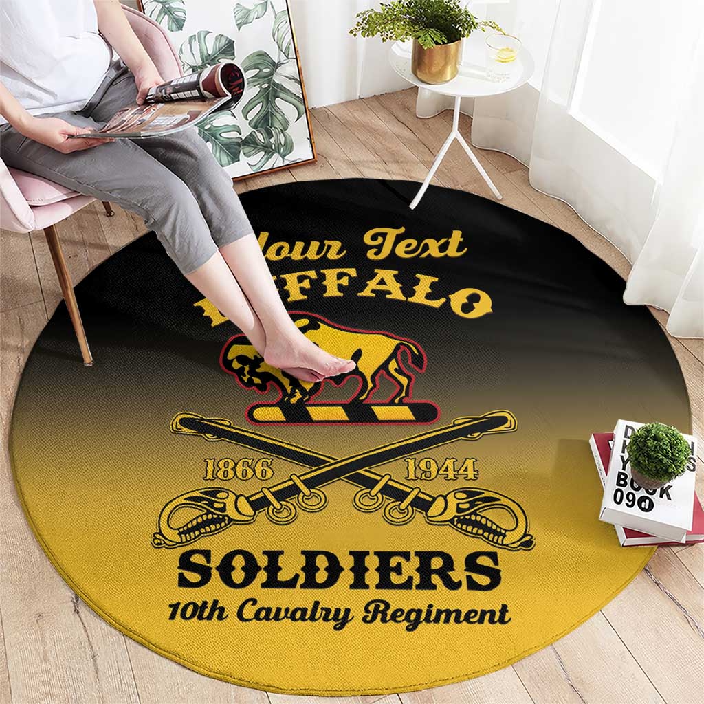 Round black-and-yellow buffalo soldiers rug with center buffalo graphic and “10th Cavalry Regiment”