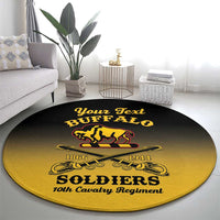 Round buffalo soldiers carpet in black and gold gradient with buffalo, guns, and “SOLDIERS” text