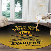 Round black and gold buffalo soldiers rug with “Your Text,” buffalo icon, and “10th Cavalry Regiment”