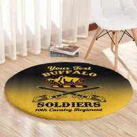 Round personalized buffalo soldiers round carpet with black center, gold edges, and “SOLDIERS”