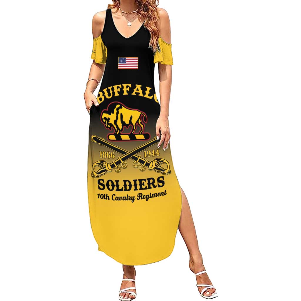 Yellow cold-shoulder maxi dress with black center panel, buffalo graphic and side slit