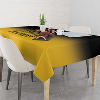 Personalised buffalo soldiers tablecloth, yellow with black printed center and draped edges