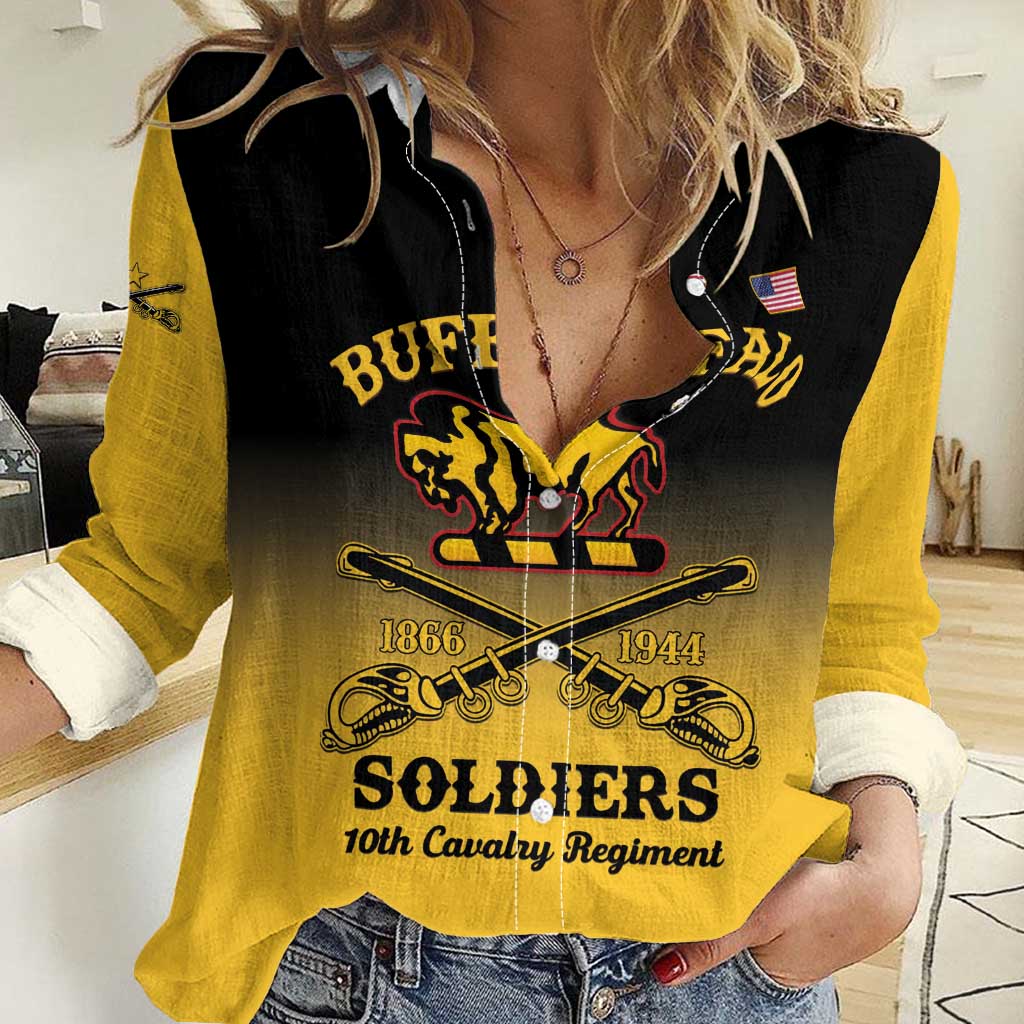 Yellow women's casual shirt with front Buffalo Soldiers 10th Cavalry graphic