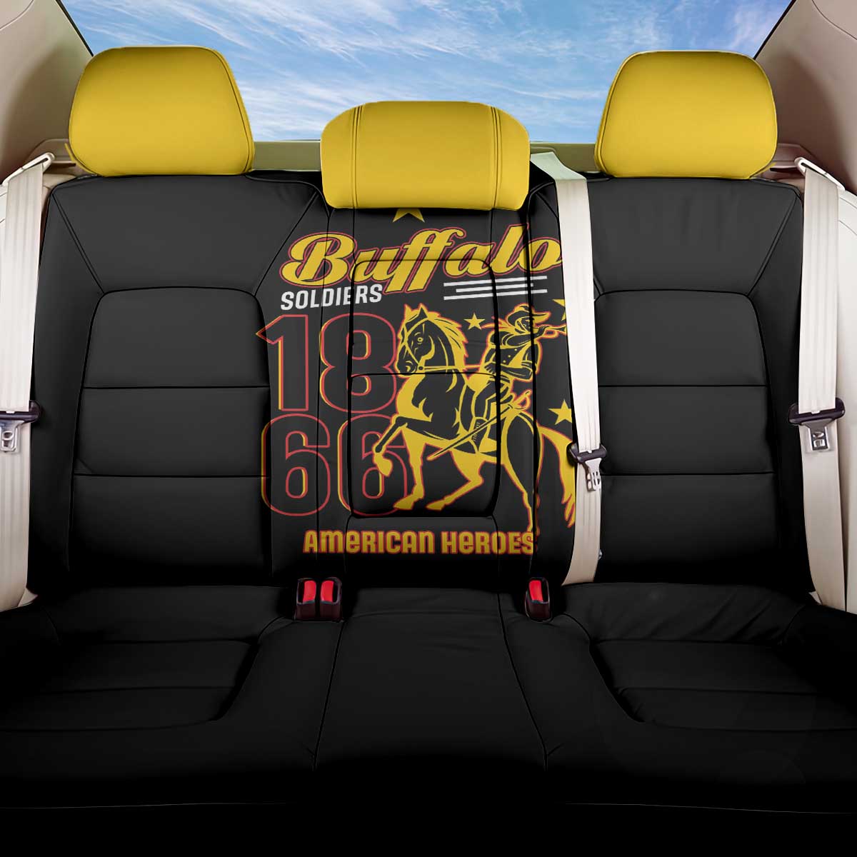 Black back car seat cover with bold Buffalo graphic panel and yellow headrest covers