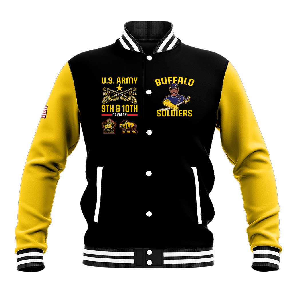 Black and yellow baseball varsity jacket with striped collar, button front, U.S. Army patch