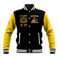 Black and yellow baseball varsity jacket with striped collar, button front, U.S. Army patch